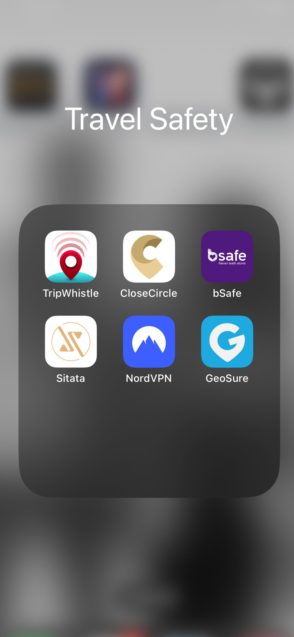 A set of travel safety apps on a phone screen 