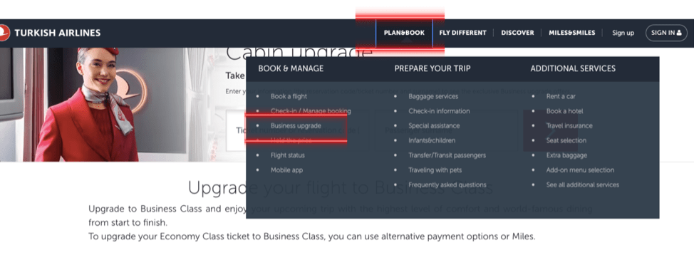 Picture of how to upgrade to business using Turkish airlines website